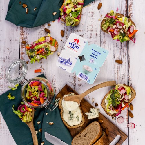 Fromage blanc and pickle open sandwiches